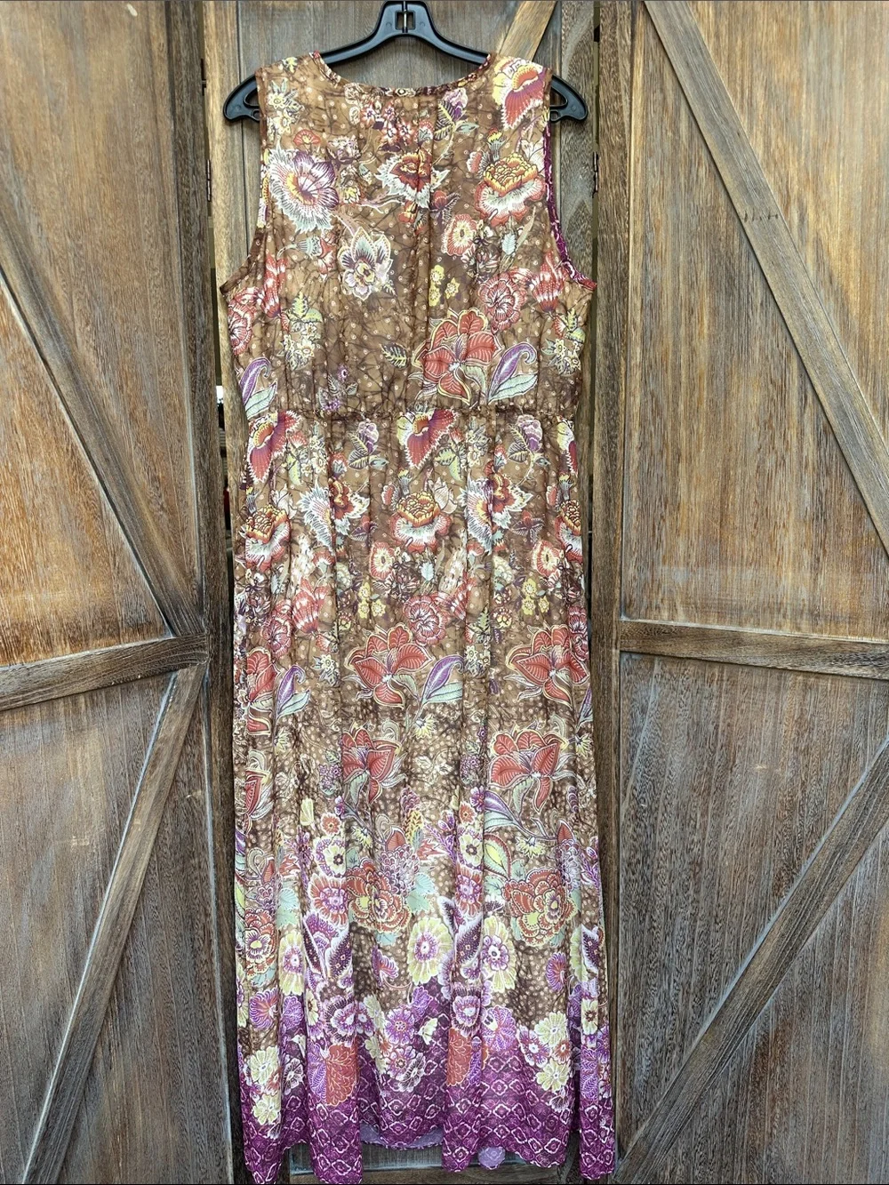 Chico's Brown Floral V-Neck Maxi Dress with Purple Border - Picture 3 of 9